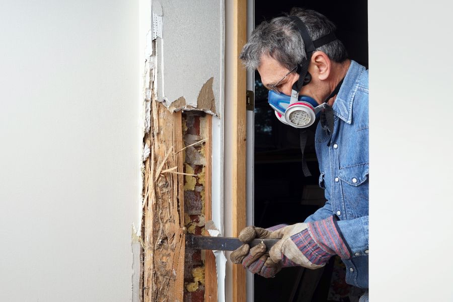 Worker uncovering termite damage