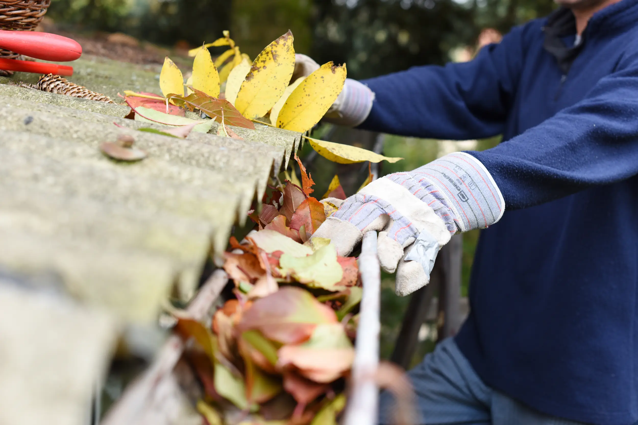 A worker emptying out leaves and debris from a home's gutter system.