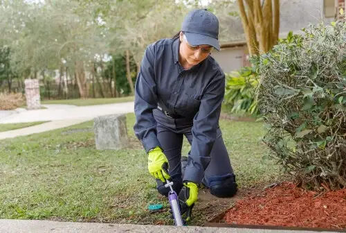 Pest control technician inspecting the perimeter of a garden in front of a home - Keep pests away from your home with Inman-Murphy, Inc.