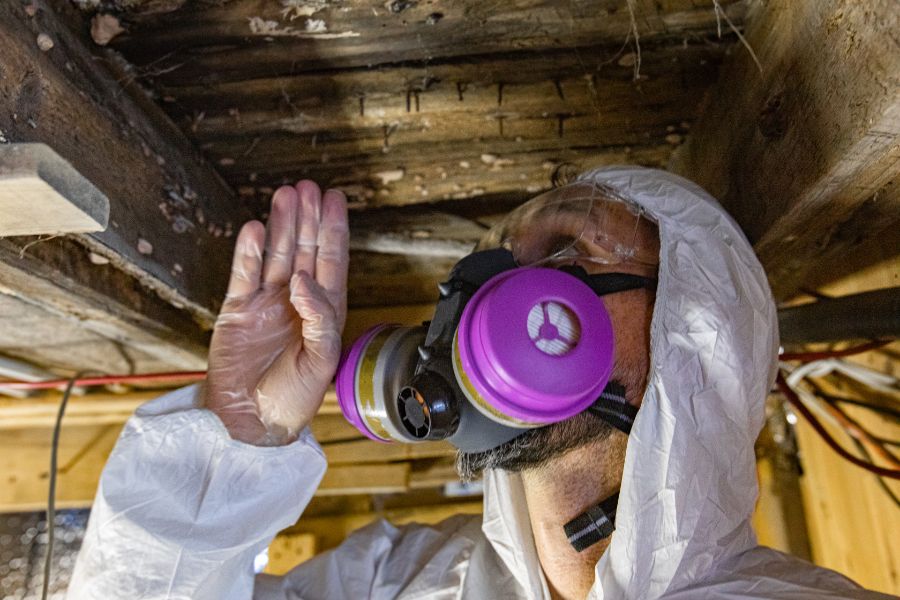 Inspector looking at termite damage